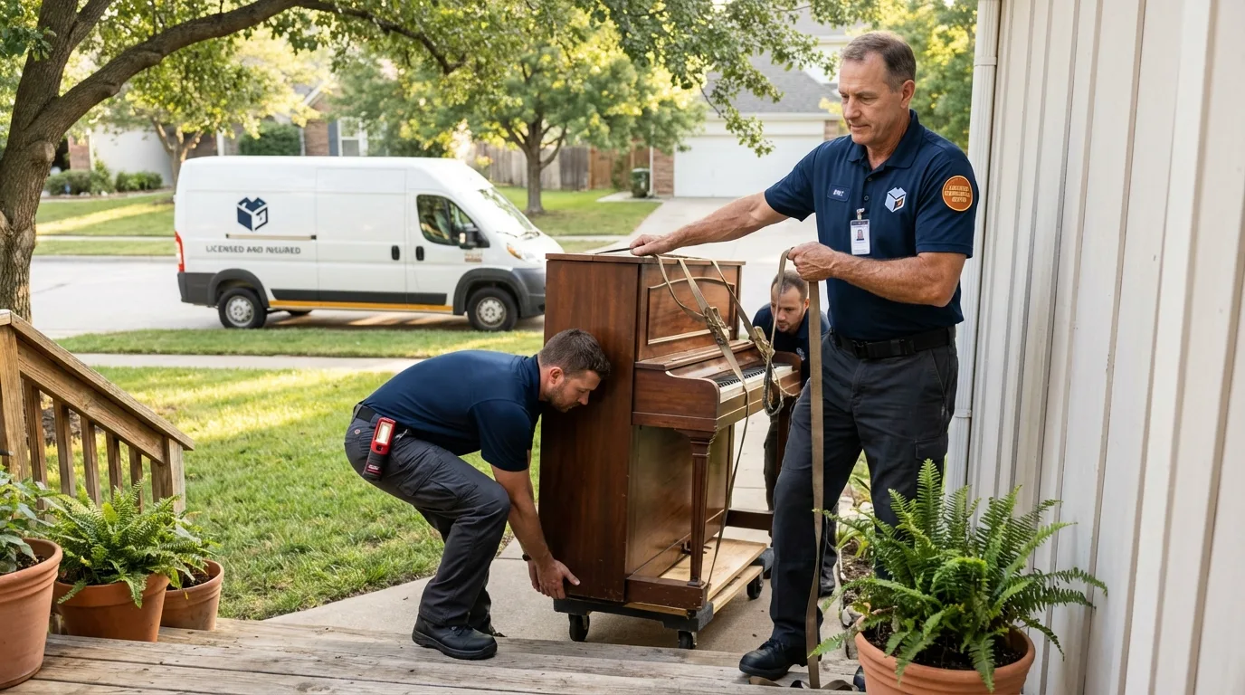 Licensed piano movers securing grand piano in Carver, MN