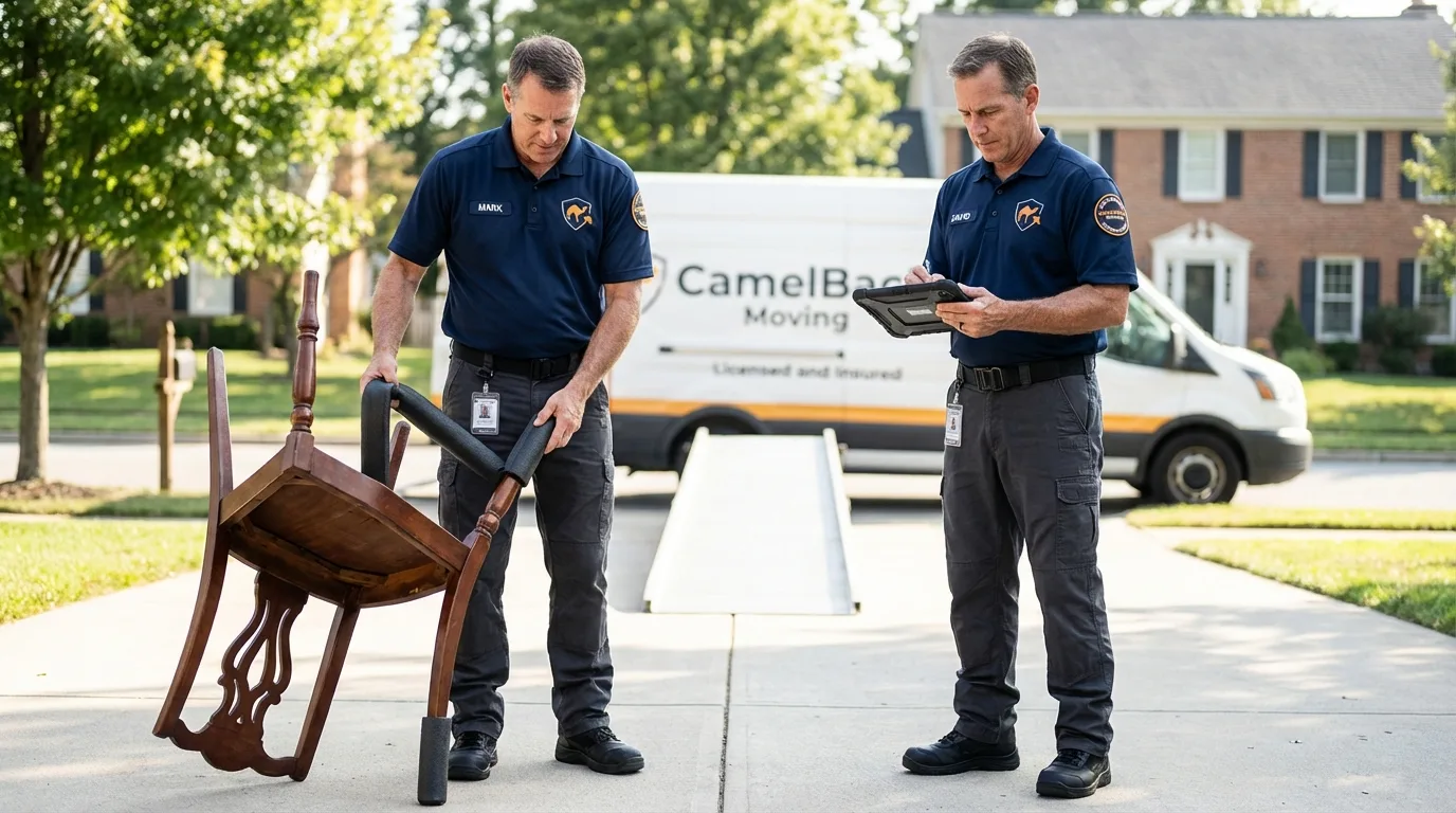 Movers inspecting furniture for damage prevention before loading in Carver, MN